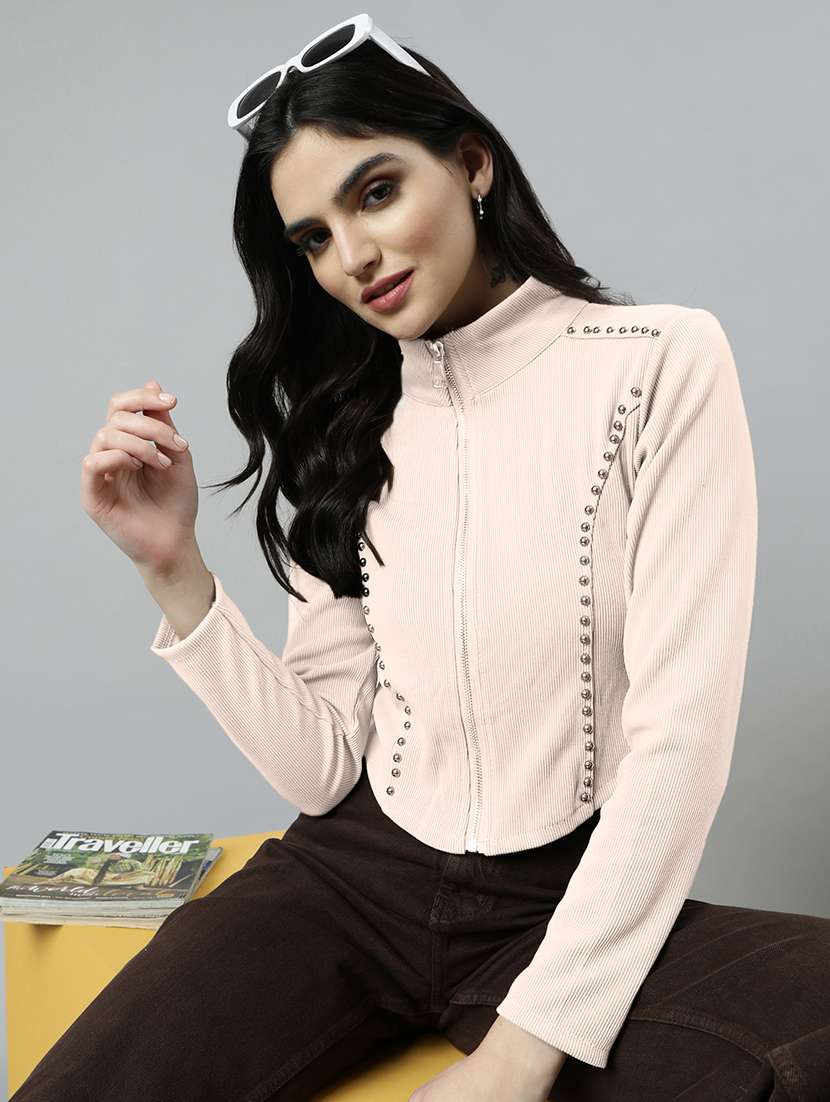 women solid long sleeve zipper crop top - 21980016 -  Standard Image - 3