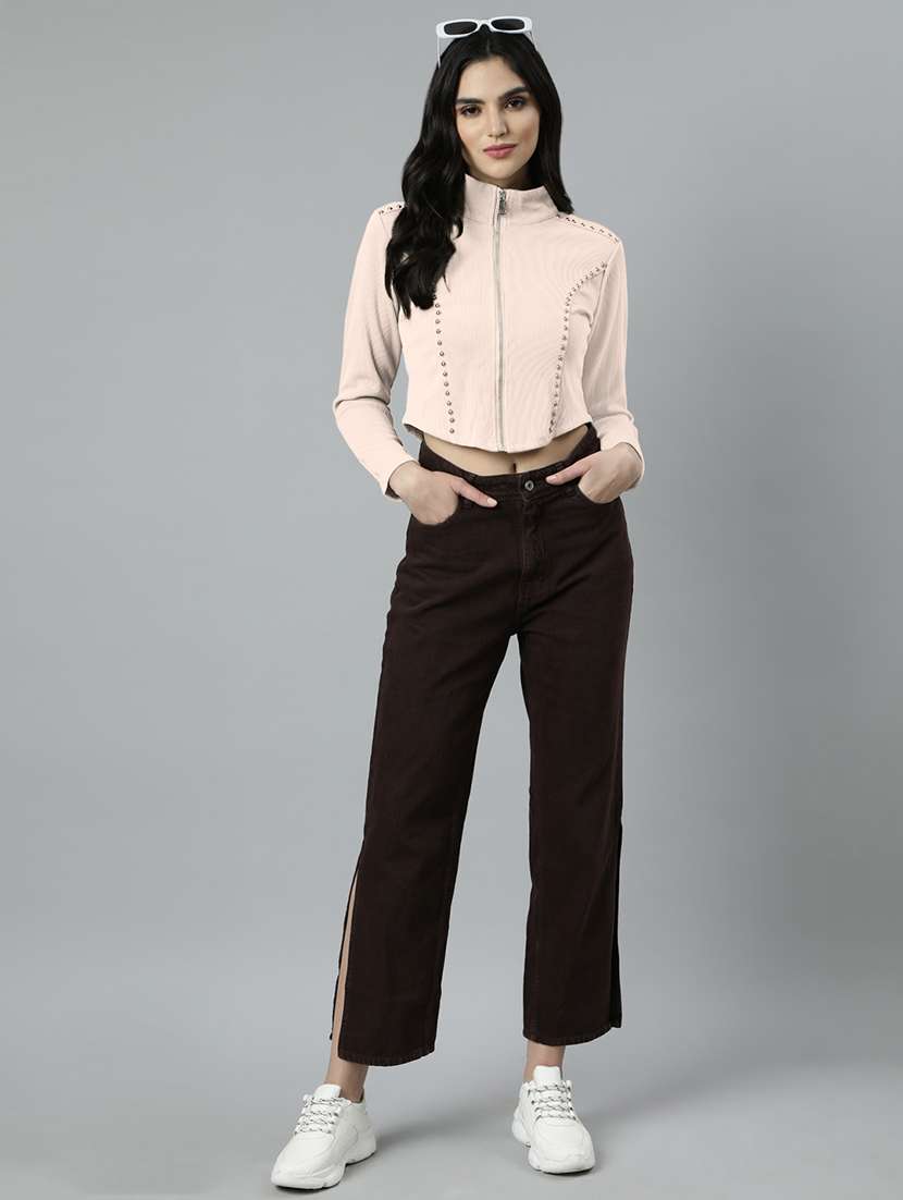 women solid long sleeve zipper crop top - 21980016 -  Standard Image - 5