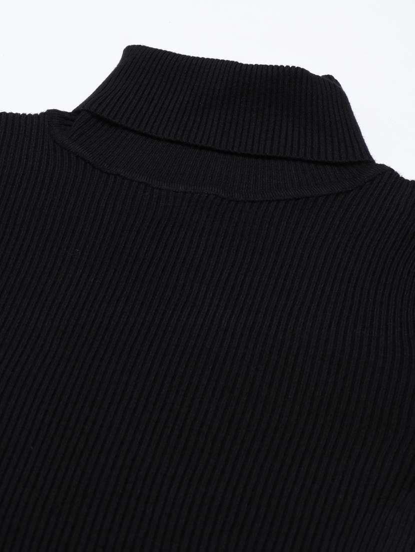women black solid high neck long sleeve regular top