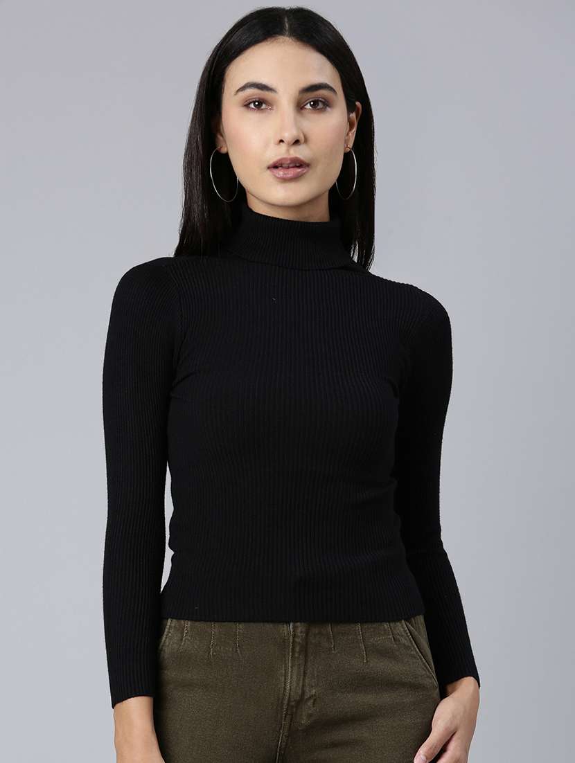 women black solid high neck long sleeve regular top - 21980020 -  Standard Image - 3