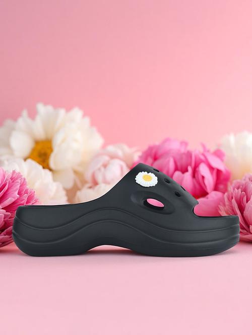 women black solid platform slides - 21980073 -  Standard Image - 0