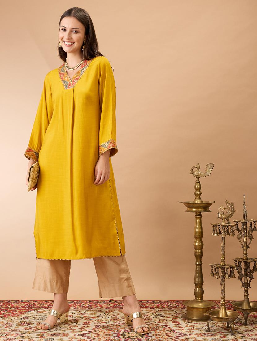 women mustard v-neck bell sleeves gotta patti lace detail a-line festive kurta - 21980076 -  Zoom Image - 0