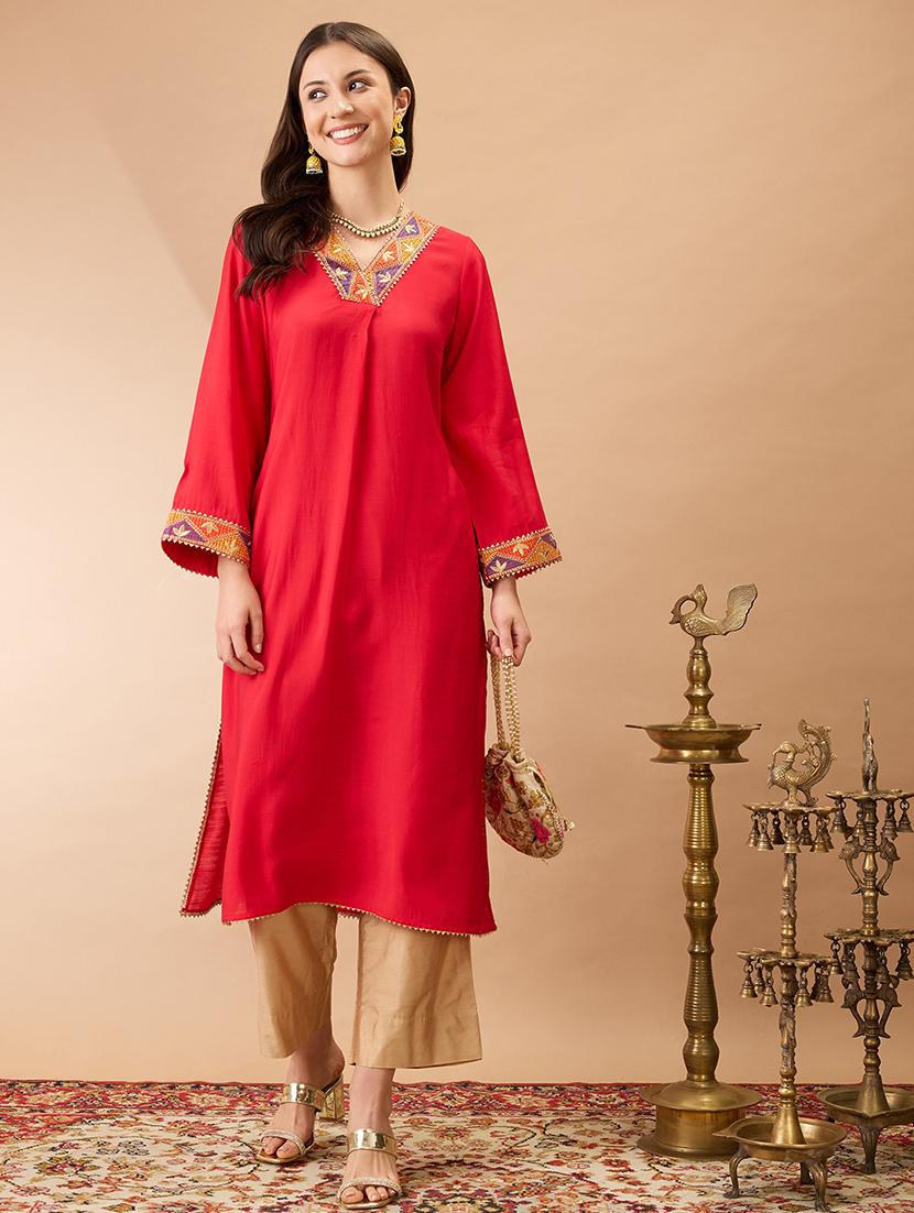 women pink v-neck bell sleeves gotta patti lace detail a-line festive kurta