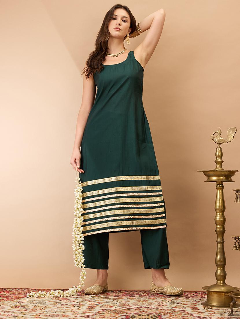 women green sleeveless round neck gotta lace hem straight kurta with pant festive set - 21980132 - Standard Image - 3