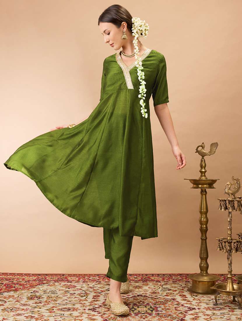 women olive green v-neck lace detailing anarkali kurta with straight pant festive set - 21980134 -  Zoom Image - 0