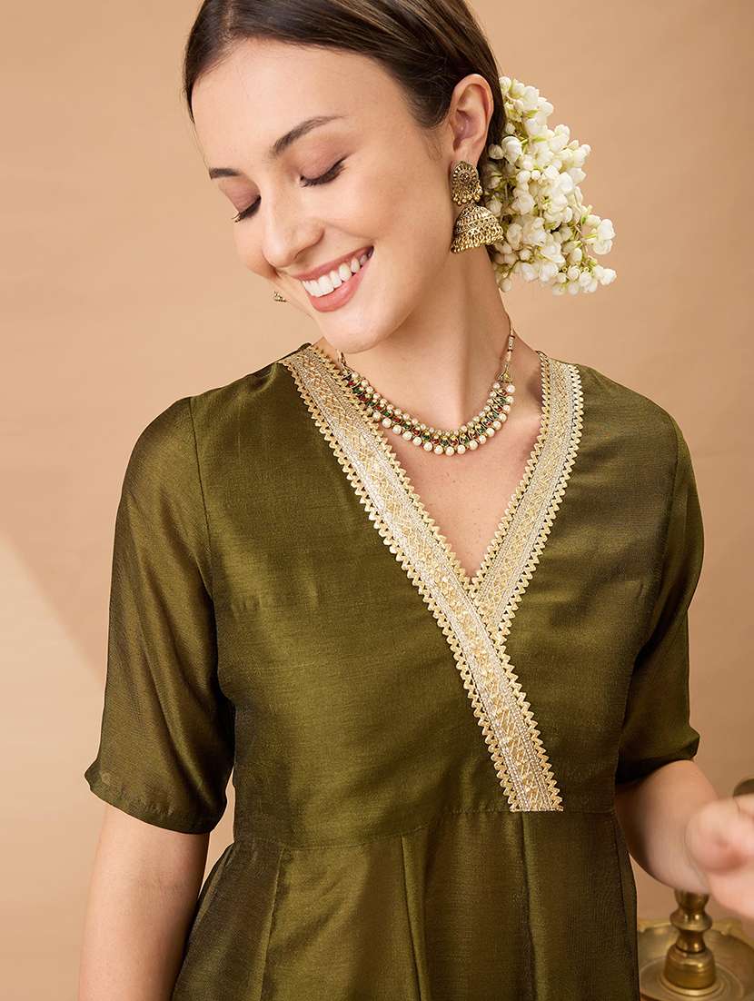 women olive green v-neck lace detailing anarkali kurta with straight pant festive set - 21980134 - Standard Image - 3
