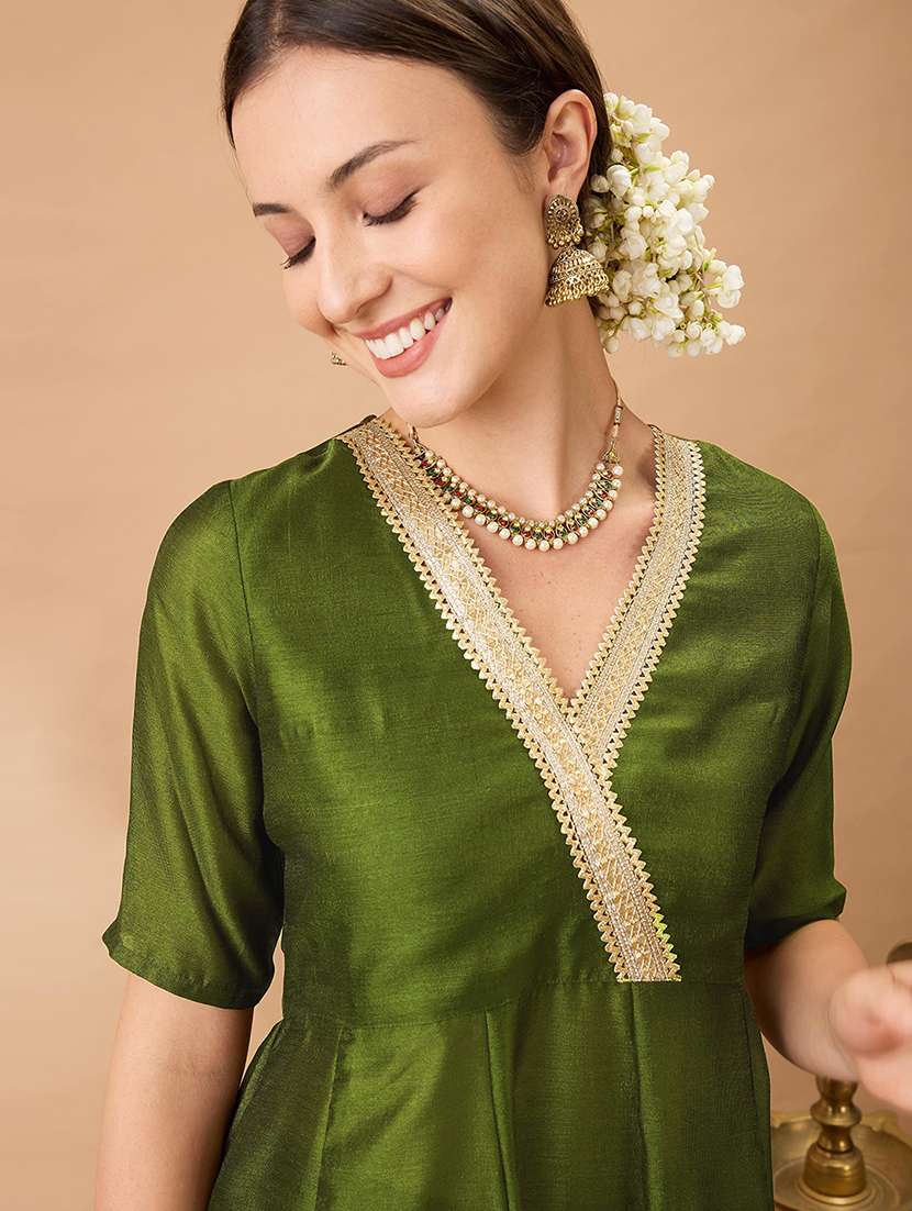 women olive green v-neck lace detailing anarkali kurta with straight pant festive set - 21980134 -  Standard Image - 3