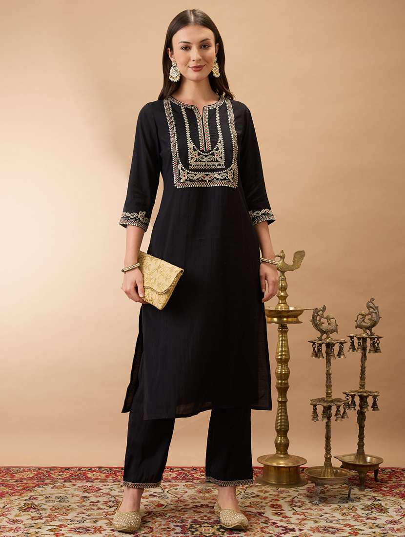 women black round neck zari embroidered yoke straight kurta with pant festive set - 21980135 -  Zoom Image - 0