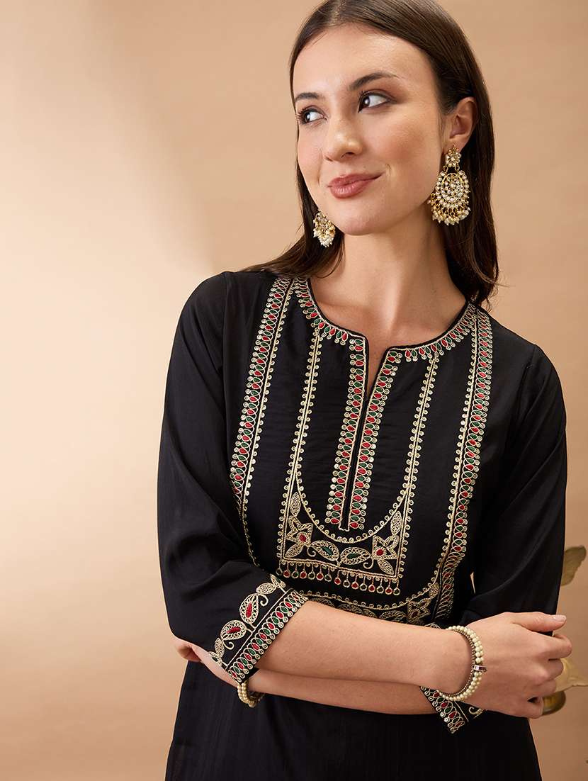 women black round neck zari embroidered yoke straight kurta with pant festive set - 21980135 -  Standard Image - 3
