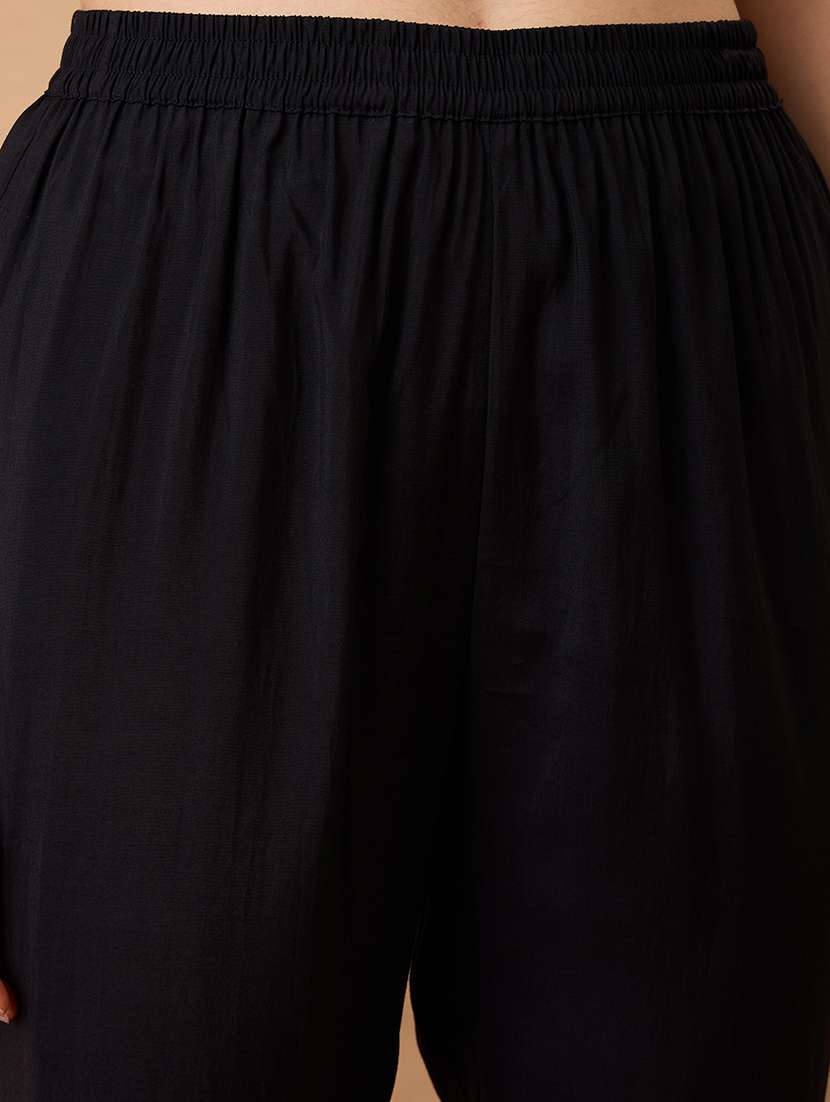 women black round neck zari embroidered yoke straight kurta with pant festive set - 21980135 -  Standard Image - 5