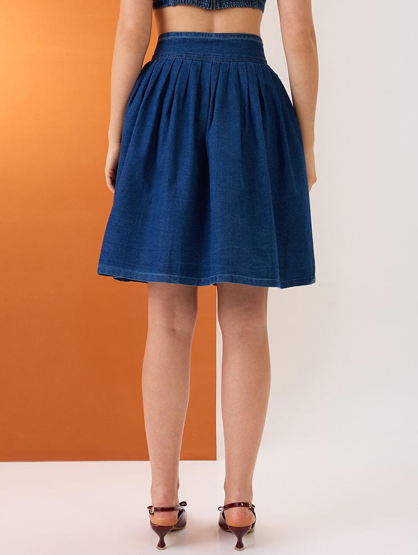 women med blue high-rise pleated button-down above knee flared denim skirt - 21980137 - Standard Image - 3