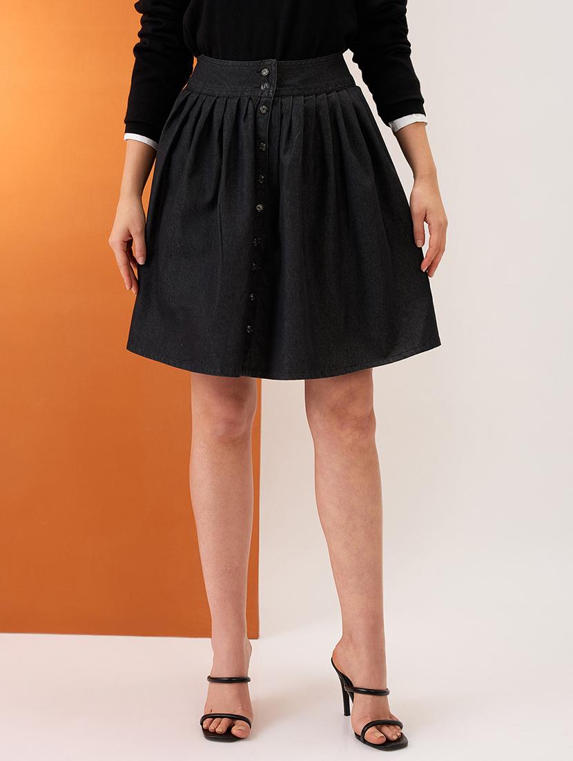 women black high-rise pleated button-down above knee flared denim skirt - 21980138 -  Zoom Image - 0