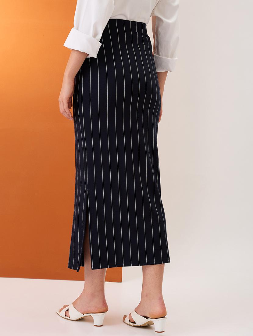 women navy striped mid-rise stretchable side slit midi pencil skirt - 21980139 - Standard Image - 3