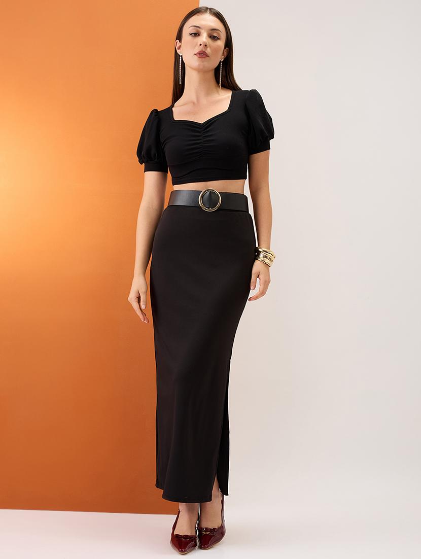 women black high-rise stretchable side slit maxi pencil skirt - 21980140 - Standard Image - 5