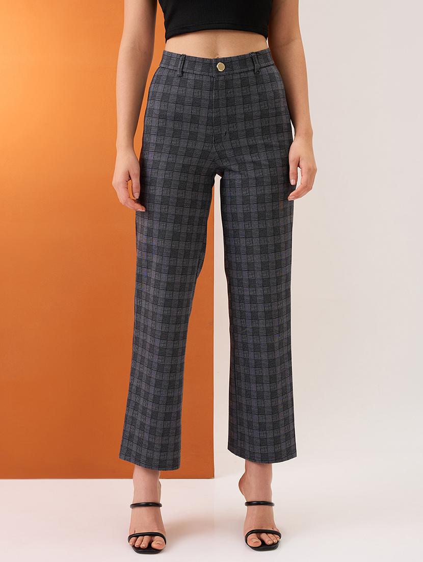 women grey checkered self design mid-rise straight fit formal trousers - 21980147 -  Zoom Image - 0