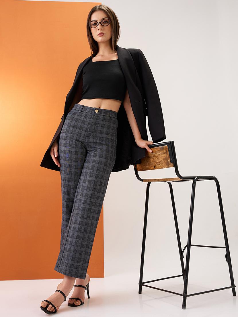 women grey checkered self design mid-rise straight fit formal trousers - 21980147 - Standard Image - 3