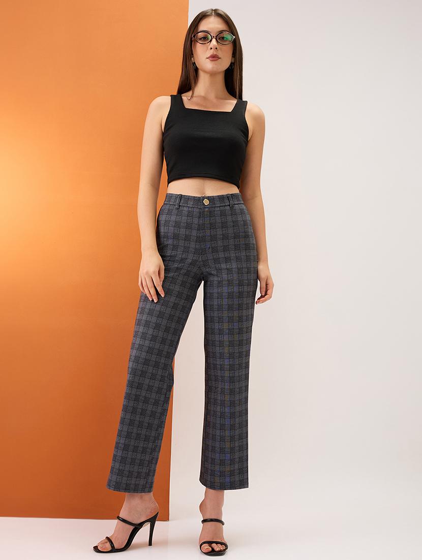 women grey checkered self design mid-rise straight fit formal trousers - 21980147 - Standard Image - 5
