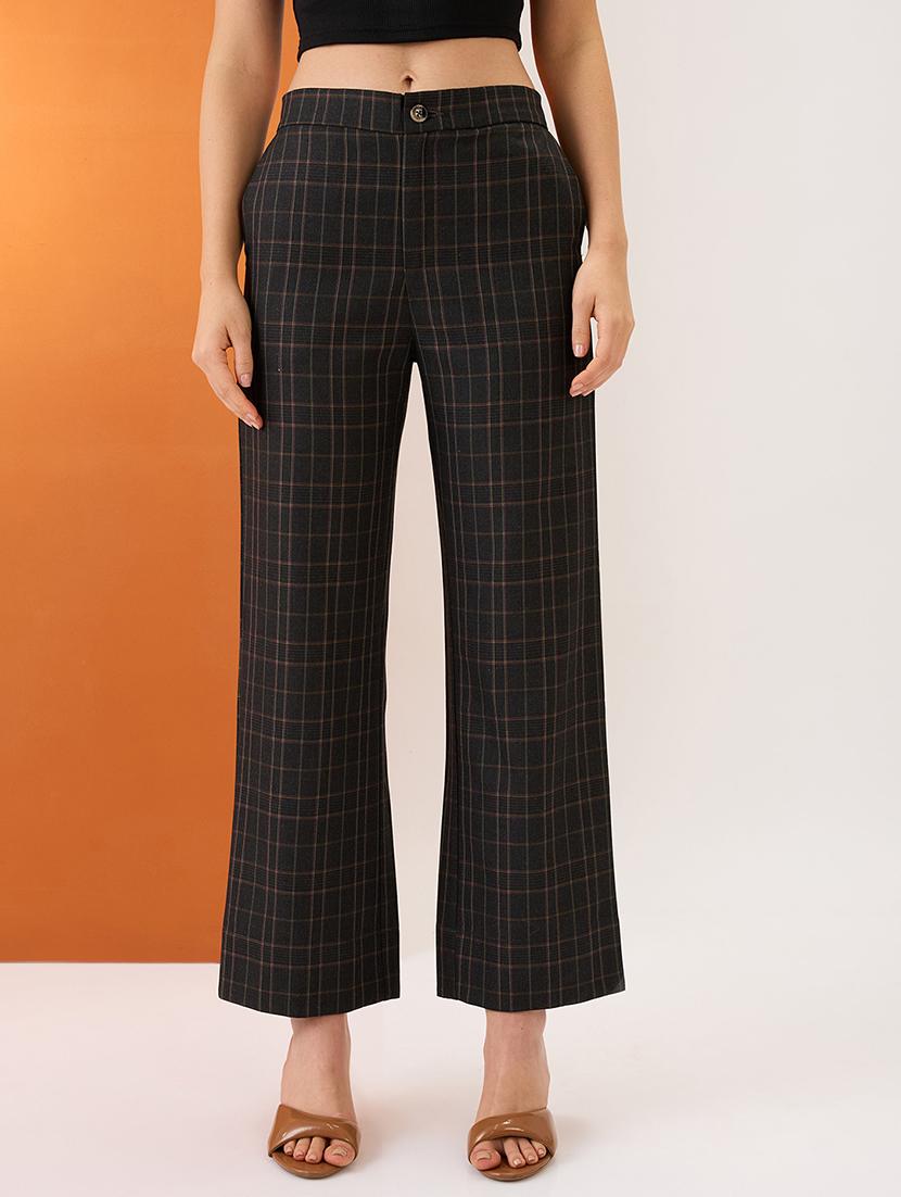 women plaid checks mid-rise elasticated back straight fit formal trousers - 21980148 - Zoom Image - 0