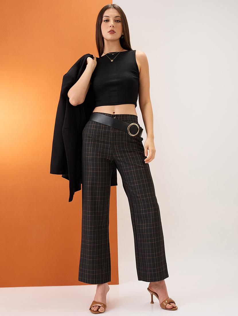 women plaid checks mid-rise elasticated back straight fit formal trousers - 21980148 - Standard Image - 3