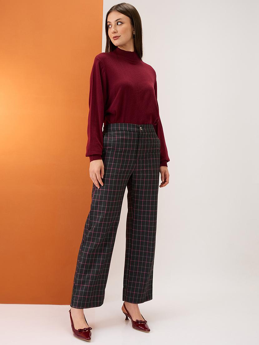 women black checkered mid-rise elasticated back straight fit formal trousers - 21980149 - Standard Image - 3