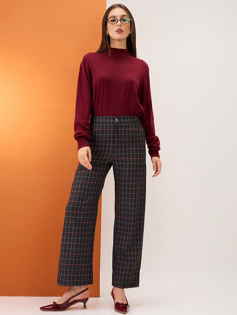 women black checkered mid-rise elasticated back straight fit formal trousers - 21980149 - Standard Image - 5