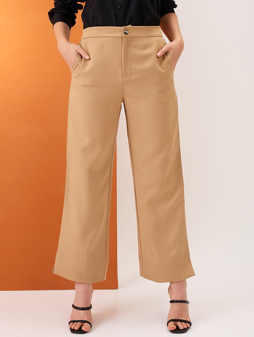 women khaki solid mid-rise bottom hem slits relaxed fit formal trousers - 21980150 -  Zoom Image - 0