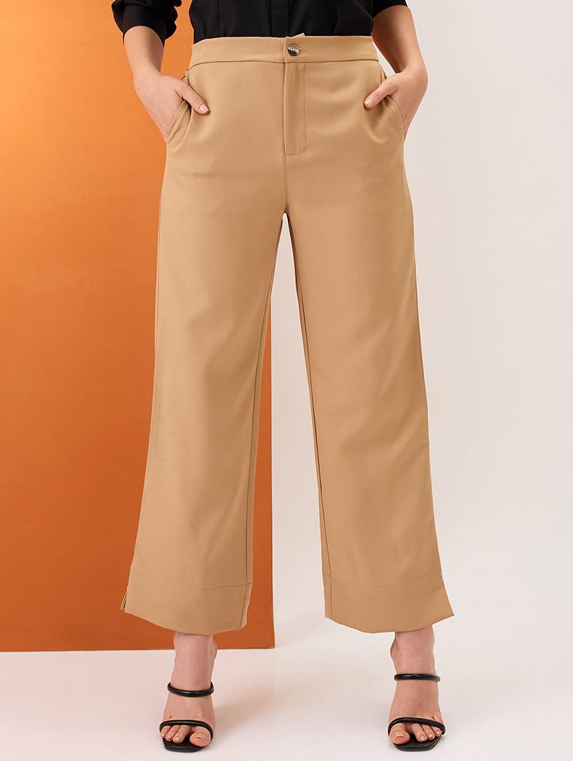 women khaki solid mid-rise bottom hem slits relaxed fit formal trousers - 21980150 - Zoom Image - 0
