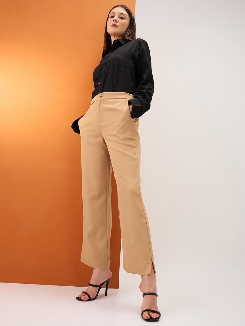 women khaki solid mid-rise bottom hem slits relaxed fit formal trousers - 21980150 - Standard Image - 3
