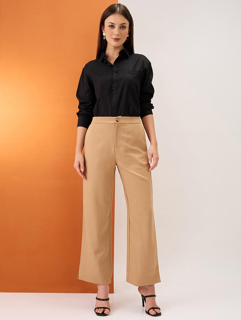 women khaki solid mid-rise bottom hem slits relaxed fit formal trousers - 21980150 - Standard Image - 3