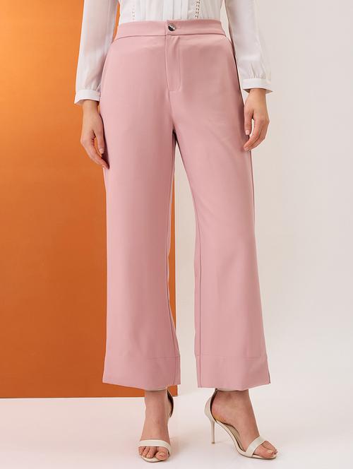 women blush pink solid mid-rise bottom hem slits relaxed fit formal trousers - 21980151 - Standard Image - 0