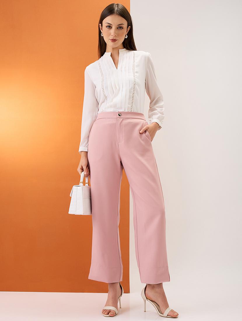 women blush pink solid mid-rise bottom hem slits relaxed fit formal trousers - 21980151 - Standard Image - 3