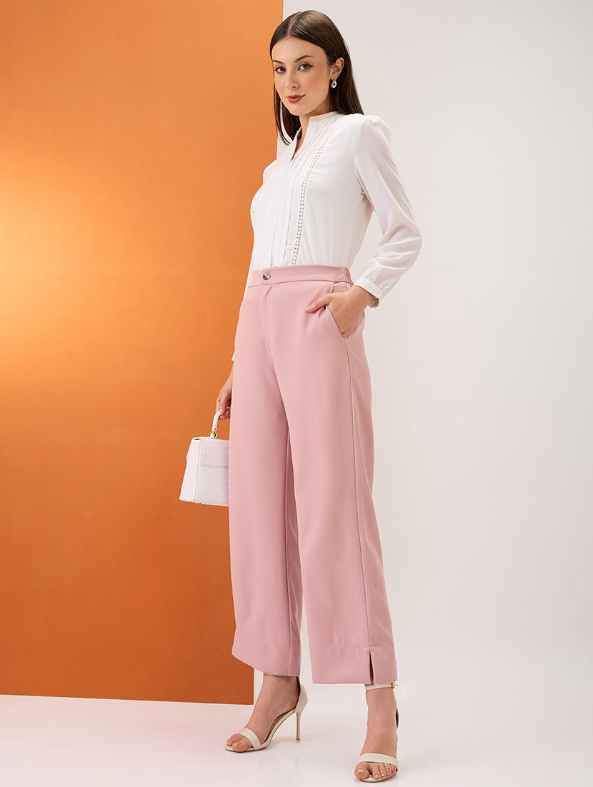 women blush pink solid mid-rise bottom hem slits relaxed fit formal trousers - 21980151 - Standard Image - 5