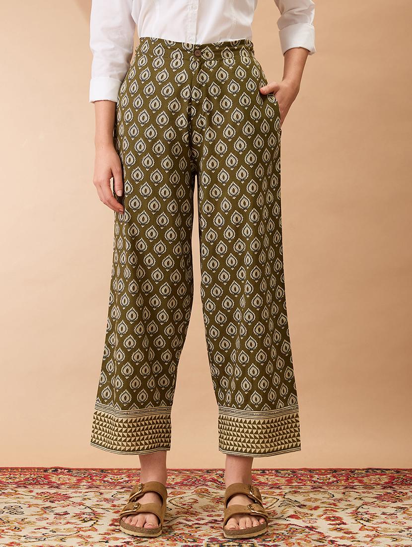 women olive ethnic print mid-rise straight fit fusion trousers - 21980152 - Zoom Image - 0