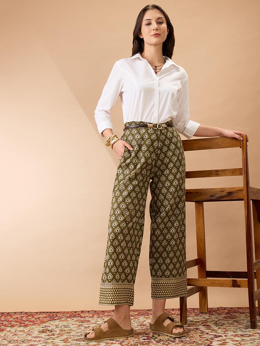 women olive ethnic print mid-rise straight fit fusion trousers - 21980152 - Standard Image - 3