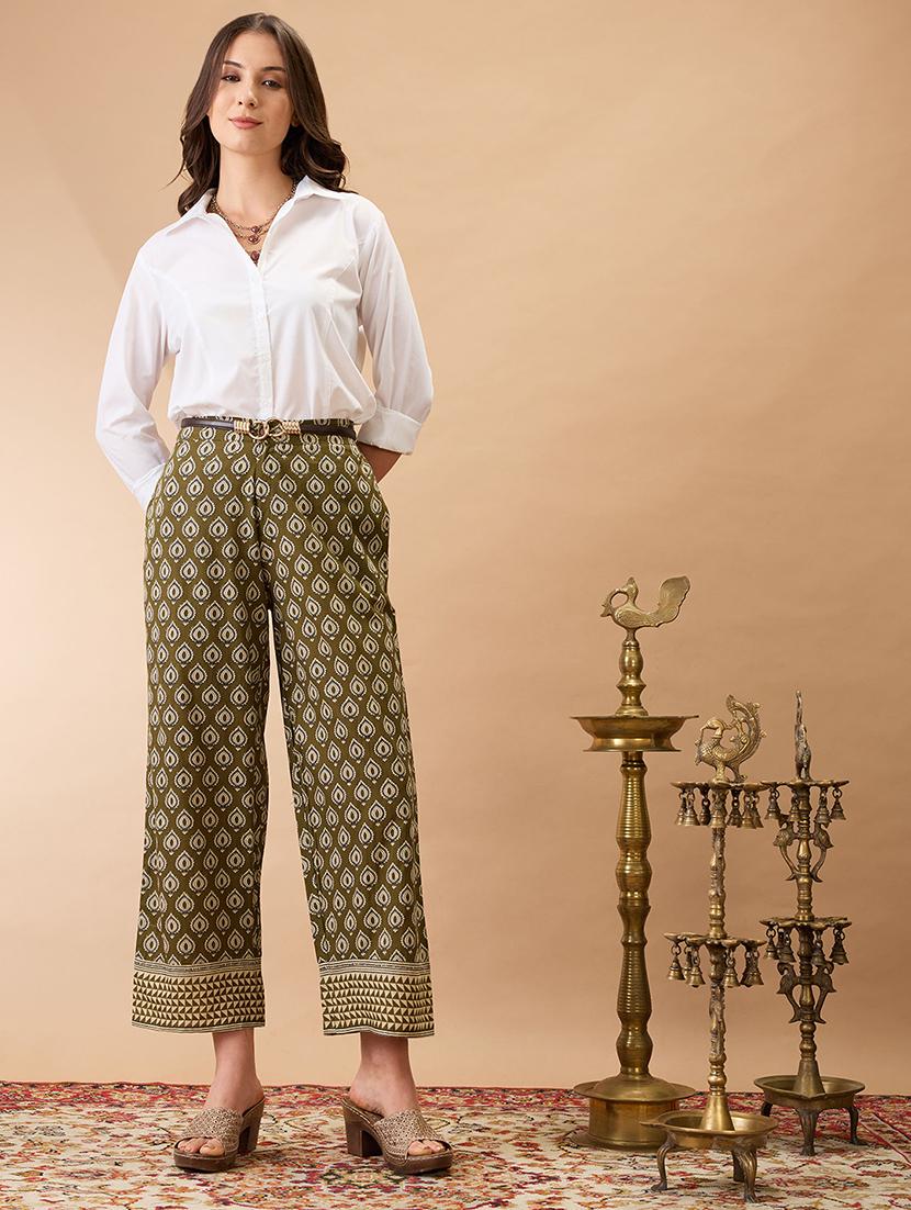 women olive ethnic print mid-rise straight fit fusion trousers - 21980152 - Standard Image - 5
