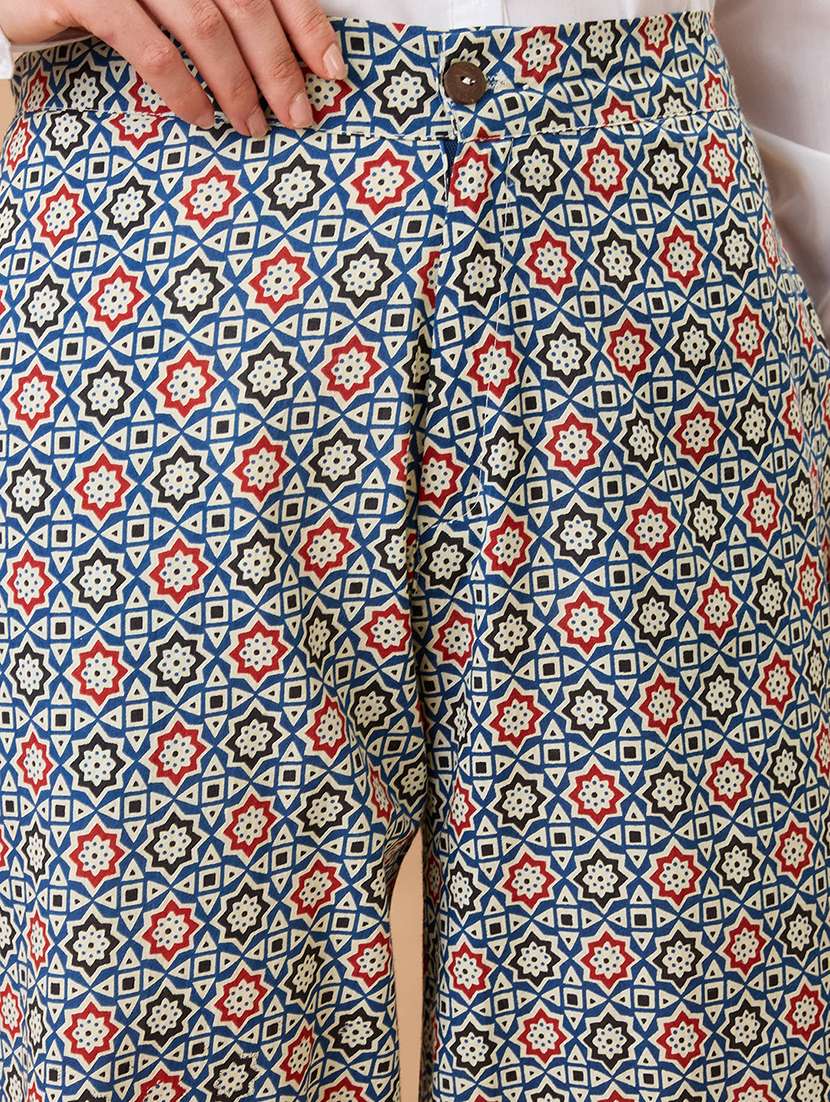 women indigo ethnic print mid-rise straight fit fusion trousers - 21980153 - Standard Image - 3