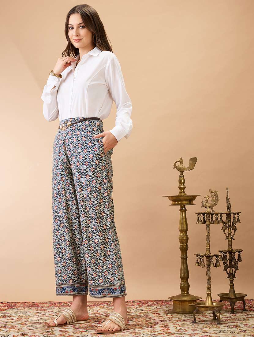 women indigo ethnic print mid-rise straight fit fusion trousers - 21980153 - Standard Image - 5
