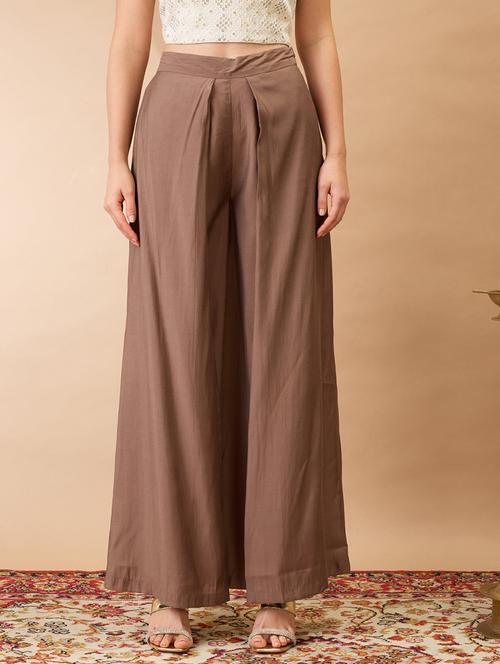 women taupe solid high rise wide leg palazzo - 21980154 -  Standard Image - 0