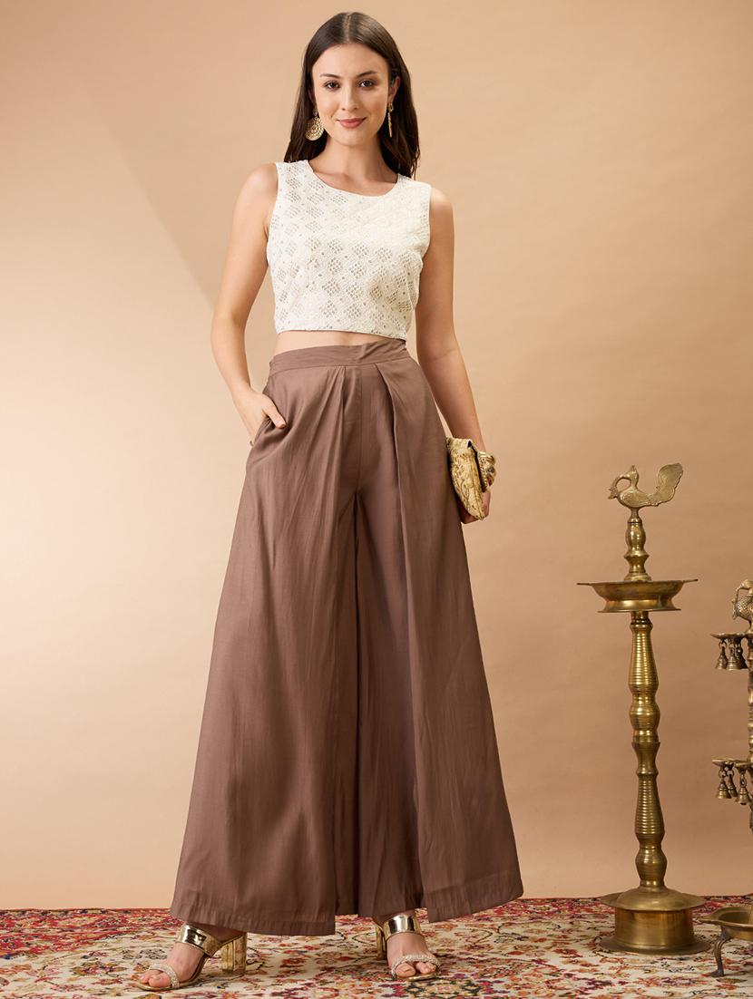 women taupe solid high rise wide leg palazzo - 21980154 - Standard Image - 3