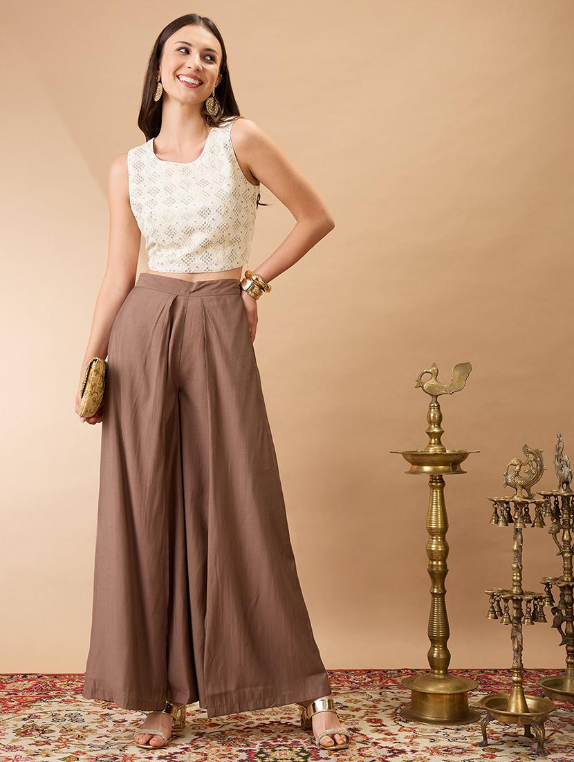 women taupe solid high rise wide leg palazzo - 21980154 - Standard Image - 5