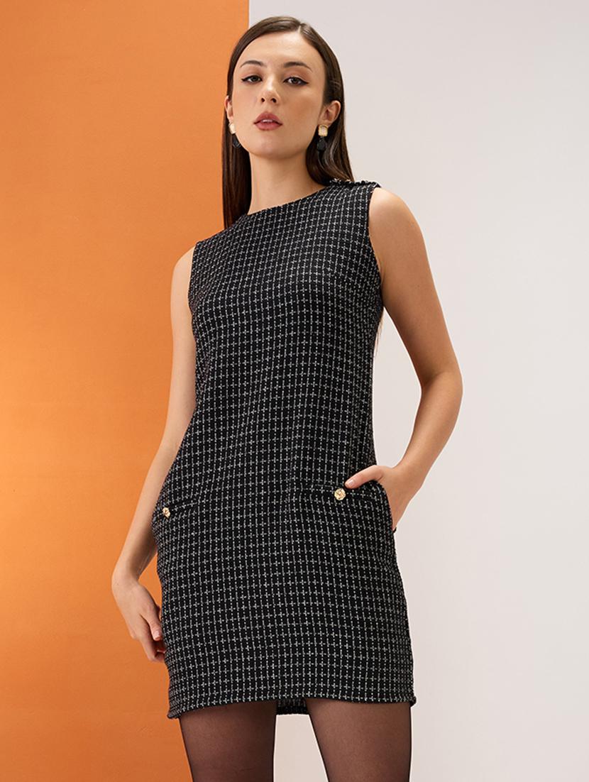 women black tweed checkered round neck utility pockets mini sheath workwear dress - 21980157 - Zoom Image - 0