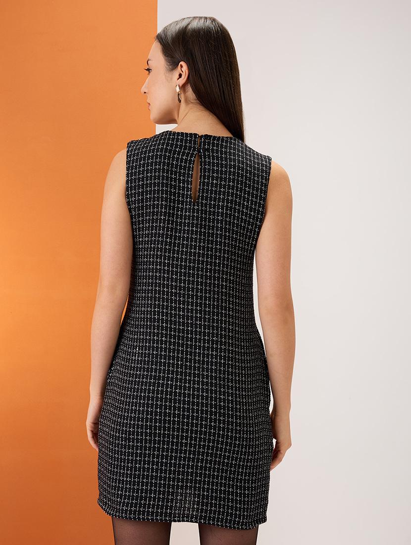 women black tweed checkered round neck utility pockets mini sheath workwear dress - 21980157 - Standard Image - 3