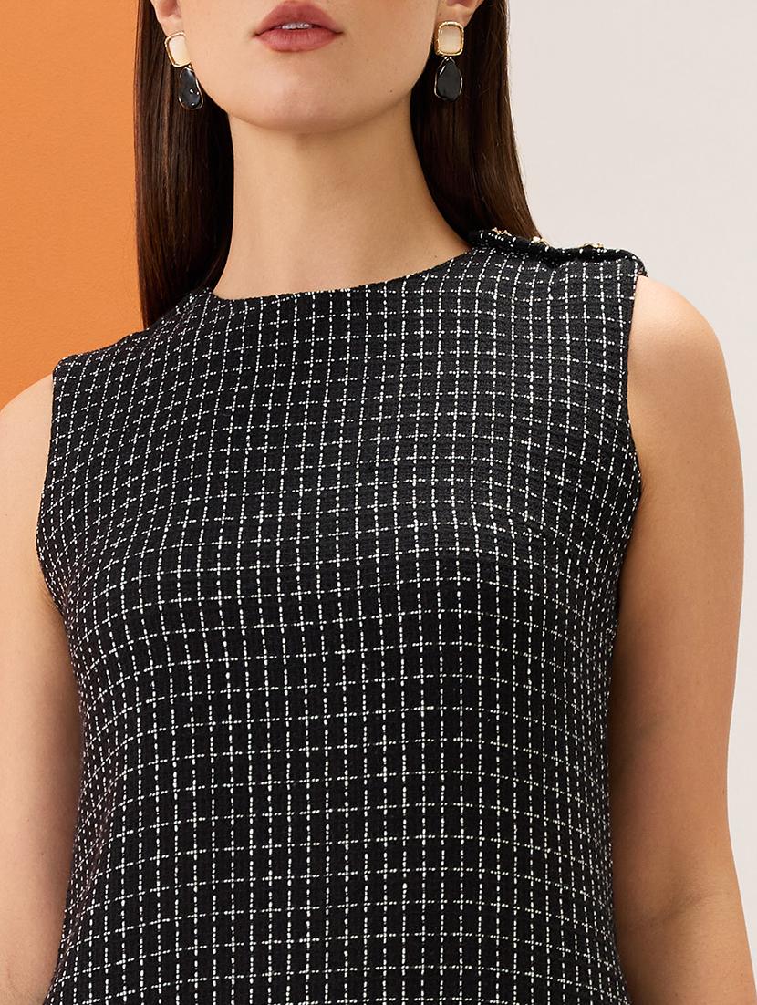 women black tweed checkered round neck utility pockets mini sheath workwear dress - 21980157 - Standard Image - 5