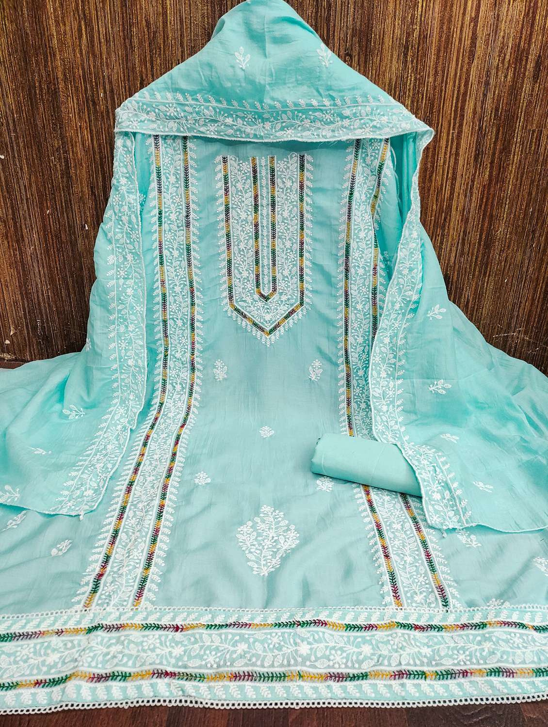 women solid with work embroidered unstitched suit set