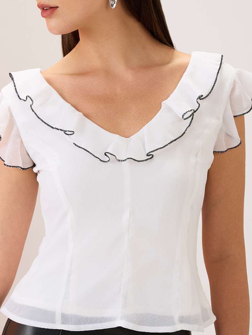 women white flared sleeves v-neck ruffle piping detail chiffon top - 21980174 -  Standard Image - 3