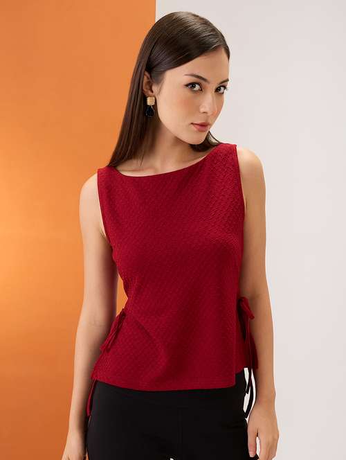 women maroon self design boat neck sleeveless waist tie-up top - 21980175 - Standard Image - 0