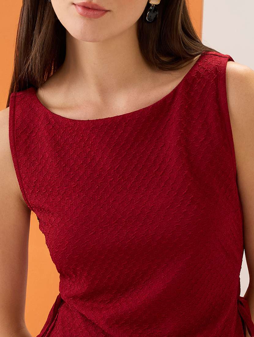 women maroon self design boat neck sleeveless waist tie-up top - 21980175 - Standard Image - 5