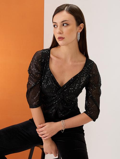 women black sweetheart neck ruched sleeves twisted detail sequinned party crop top - 21980179 -  Standard Image - 0