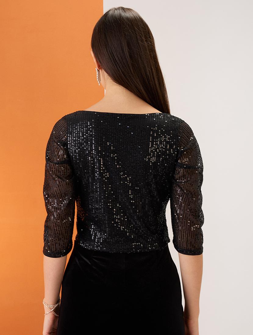 women black sweetheart neck ruched sleeves twisted detail sequinned party crop top - 21980179 - Standard Image - 3