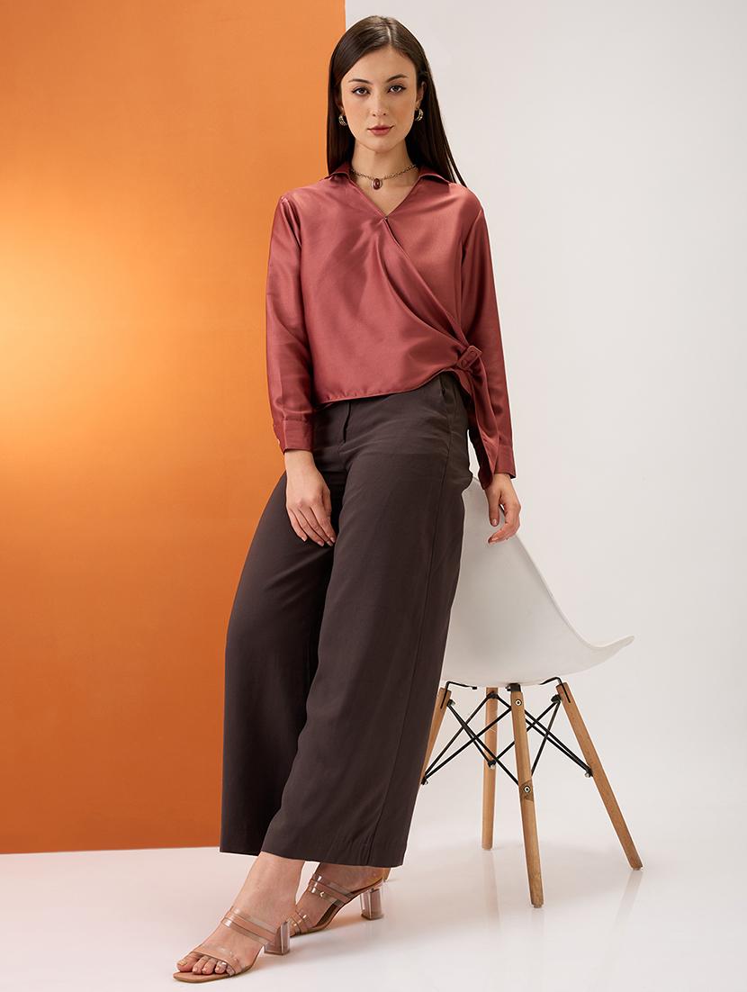 women pink solid shirt collar cuffed sleeves twisted buckle detail shirt style party top - 21980184 - Standard Image - 5